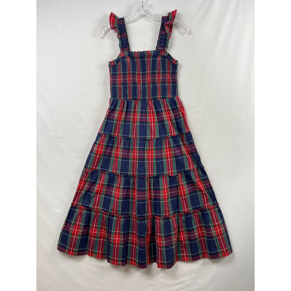 J.Crew Tartan Plaid Tiered Midi Dress Womens XXS Navy Red Smocked Ruffle Strap